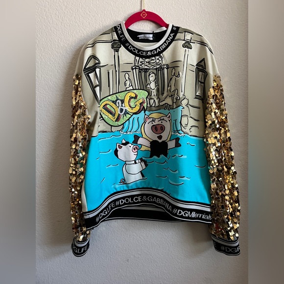 DOLCE & GABBANA Woman’s Year of the Pig Sequined-Sleeves Sweater Multicolored 46 - Picture 2 of 14